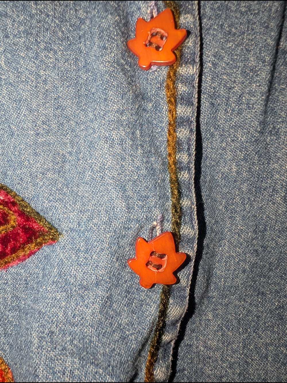 S Embroidered Denim Vest with Multicolor Leaf Appliqué - Picture 5 of 5